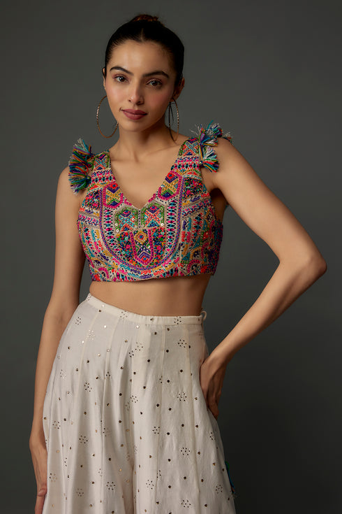 Off-White Embroidered Back Tie-Up Choli With Sharara